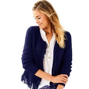 Lilly Pulitzer Luanna Navy Blue Metallic Open Front Fringe  Sweater Cardigan S
